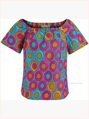 African Print Wax Blouse Short Sleeve Ethnic Crew Neck Top Loose Fit Cotton